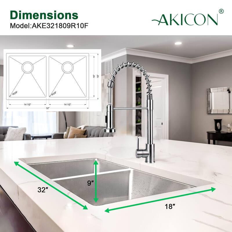 32" Undermount 50/50 Double Bowl Stainless Steel Handmade Kitchen Sink & Drain Strainer, Bottom Grid, All in One (32"x18"x9")