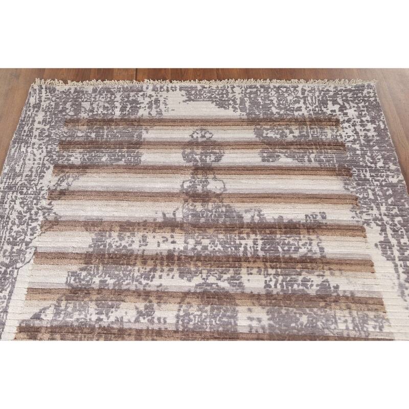 Striped Abstract Area Rug Handmade Oriental Wool Carpet - 4'0"x 5'9"
