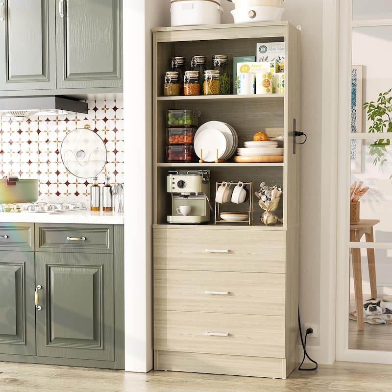 6-Tier 23.6'' Display Cabinet with Charging Station and Drawers, Bookcase Storage Shelf Kitchen Pantry