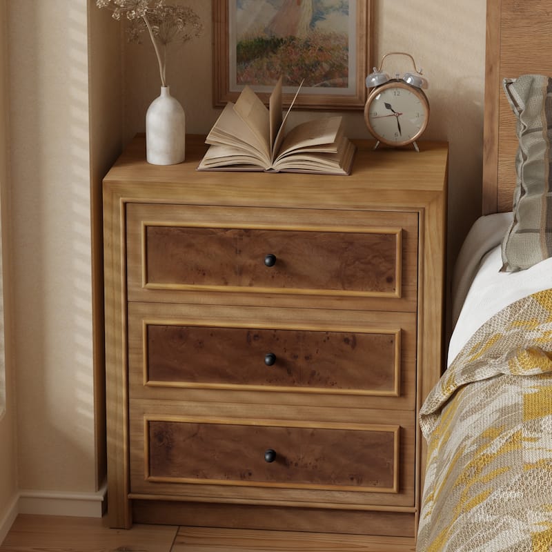 COZAYH Fully Assembled Wooden Nightstand, Burl Front Dresser in Farmhouse Style, Natural Finish Bedside Table with Ample Storage - 3-drawer
