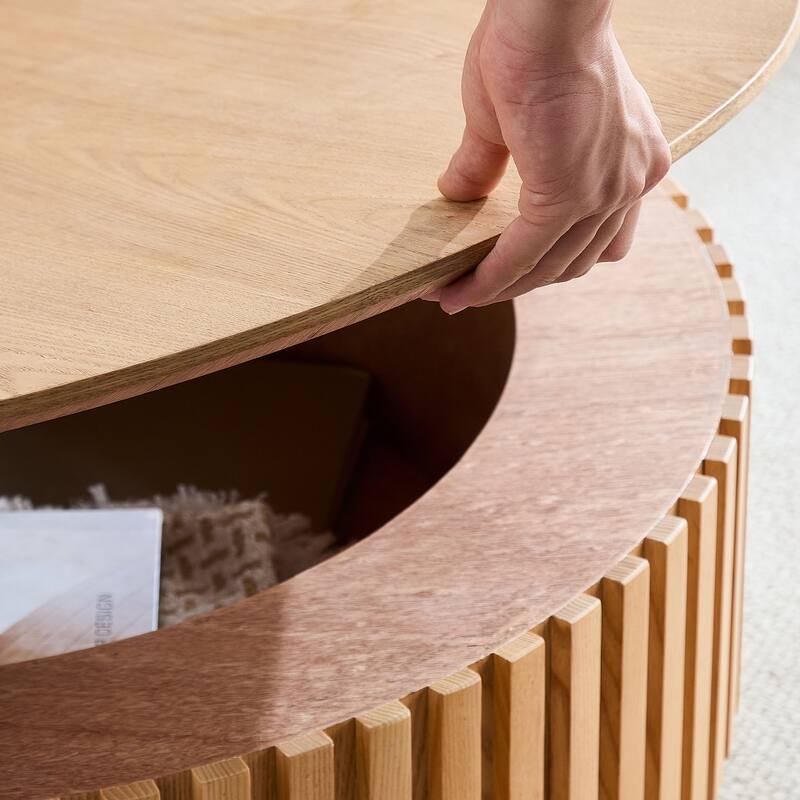 31.5" Round Wood Coffee Table with Storage, Modern Handcraft Drum Coffee Table, Stylish Circle Wooden Center Table