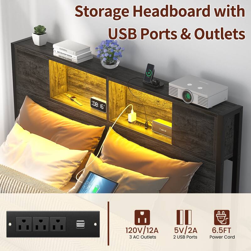 Storage Headboard Platform Bed Frame with Charge Station and LED Light