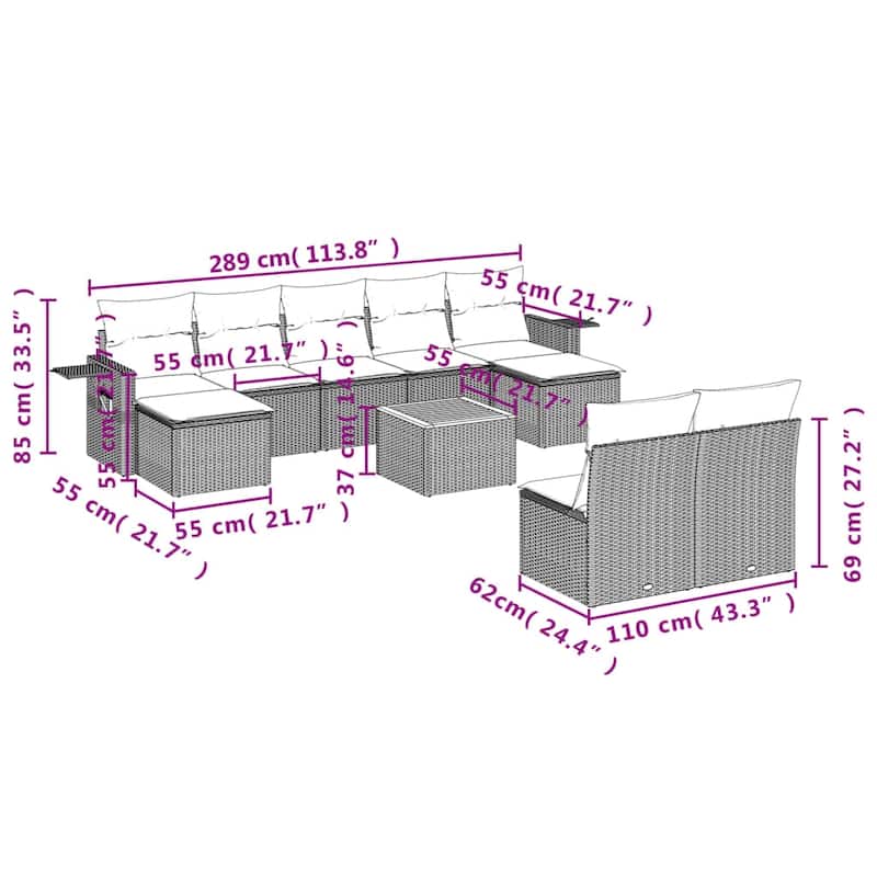 vidaXL Garden Sofa Set 10 Piece with Cushions Outdoor Sofa Set Poly Rattan - 24.4 x 24.4 x 27.2 in (W x L x H)
