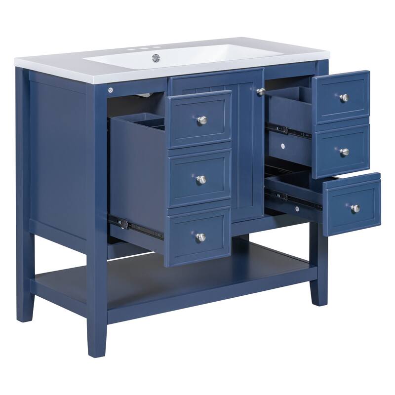 36" Bathroom Vanity With Sink, One Cabinet And Three Drawers, Solid Wood And Mdf Board