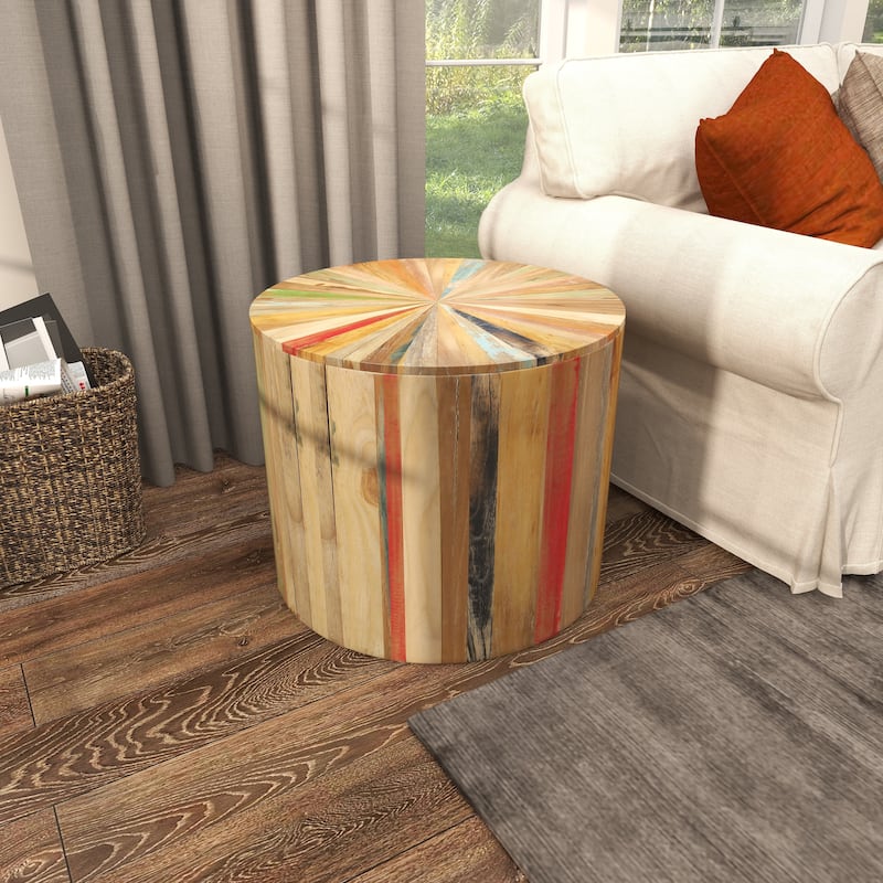 Brown Reclaimed Wood Handmade Pinwheel Drum Geometric Coffee Table with Colorful Painted Accents