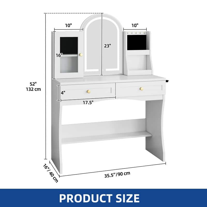 Moasis 35.5-inch Makeup Vanity Desk with Arc-Shaped Mirror and Power Outlets