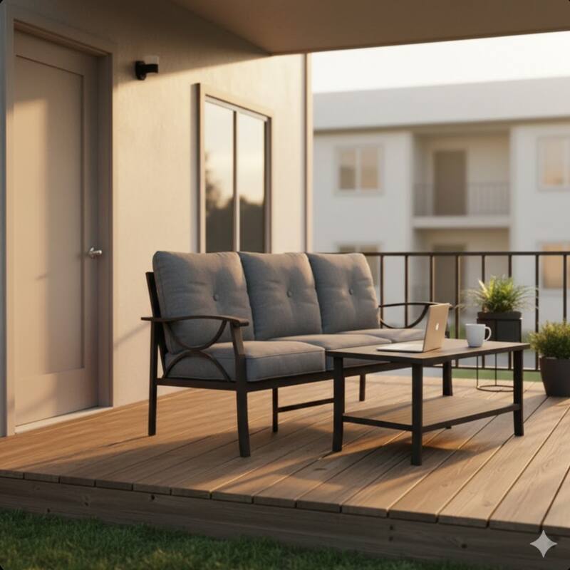 70" 3-Seat Patio Sofa and Rectangular coffee Table with Gray Cushions