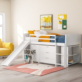 Versatility Low Twin Size Wooden Kids Bed Loft Bed with Cabinets,Shelves,Storage Drawers,Guardrails and Slide