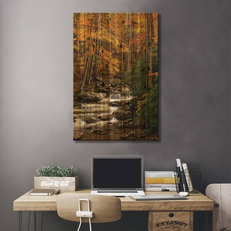 USA, Tennesse. Fall foliage along a stream in the Smoky Mountains. Print On Wood by Joanne Wells - Multi-Color