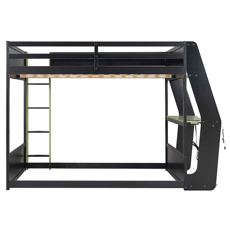 Esports Loft Bed Full Over Full Bunk Bed Frame with Side Mounted Desk, Light Strip, Charging Station and Cable Grommet