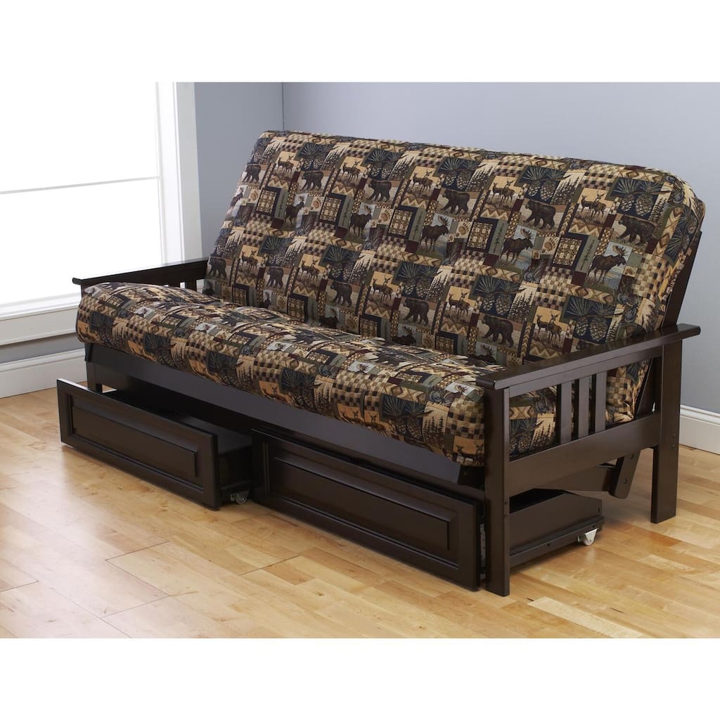 79 in. Espresso/Peter's Cabin Fabric Upholstered Full Size Futon Set with Mattress and Storage Drawers