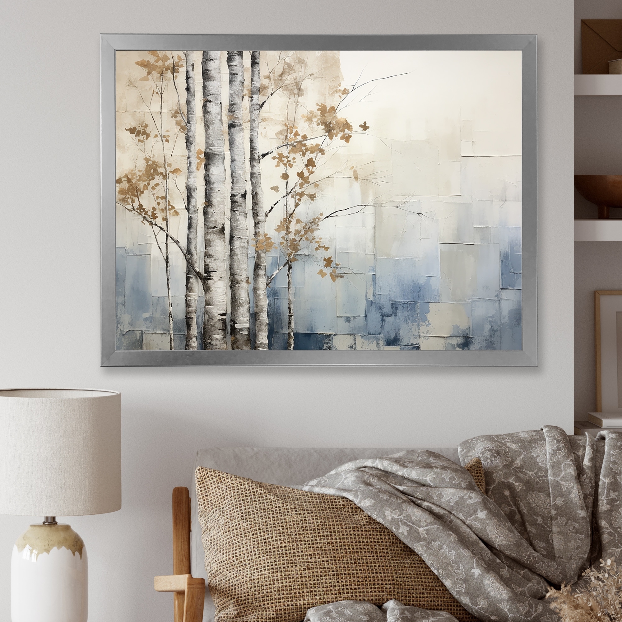 Designart "Blue And White Forest Winter Harmony" Forest Framed Wall Art Living Room