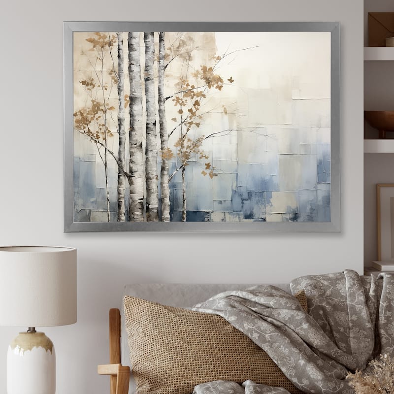 Designart "Blue And White Forest Winter Harmony" Forest Framed Wall Art Living Room - 32 in. wide x 24 in. high - Silver