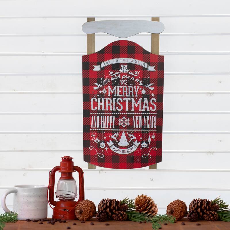 24" Red Black Buffalo Plaid Merry Christmas Sled Wooden Wall Sign