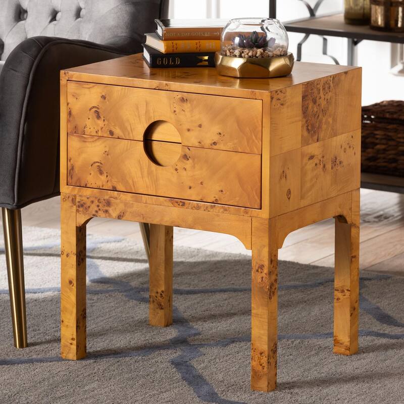 Kayla Modern and Contemporary Natural Light Mappa Real Burl Wood 2-Drawer Nightstand