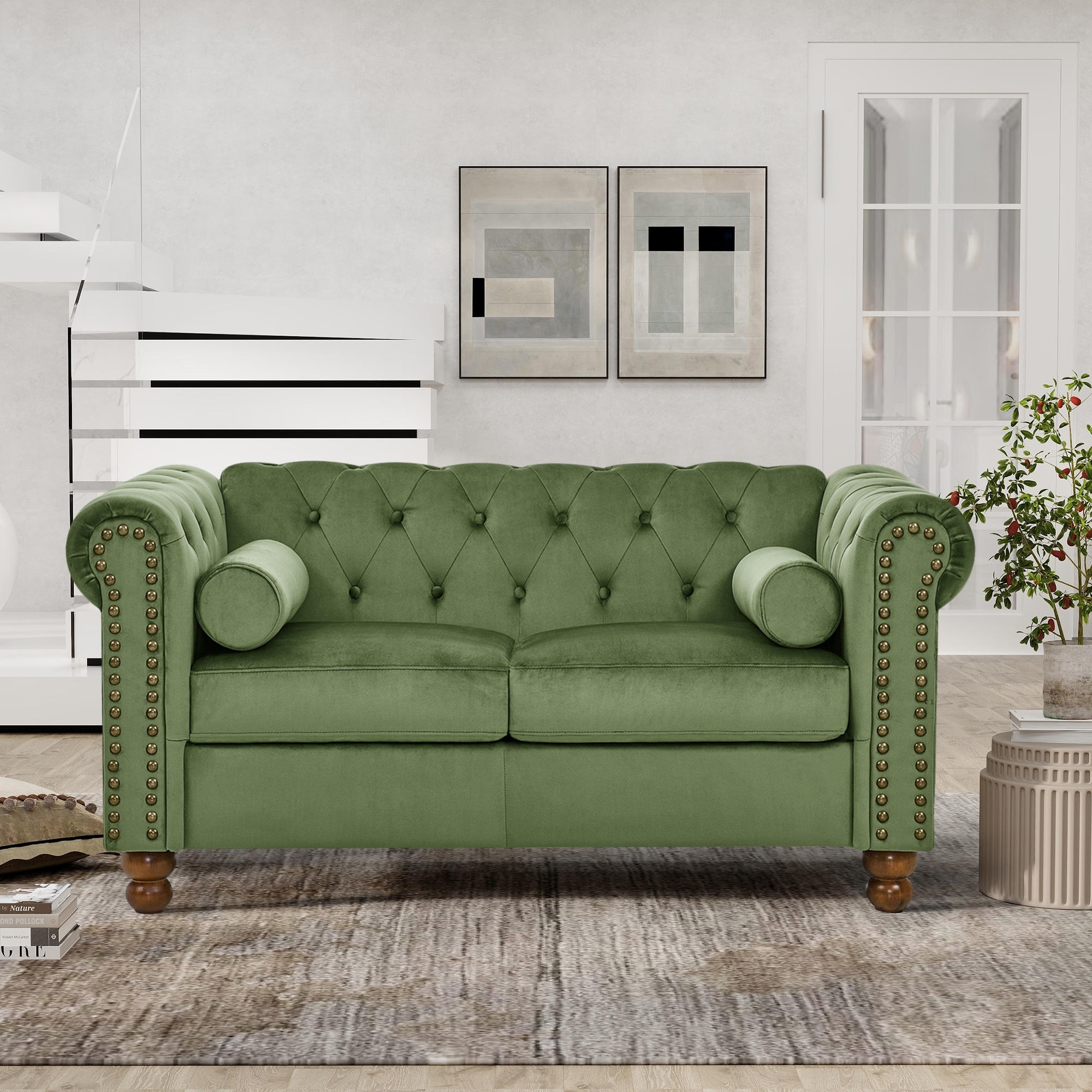 Green 55'' Velvet 2-Seater Couch with Tufted Design, Scrolled Arms, and  Turned Legs, image size:2000x2000