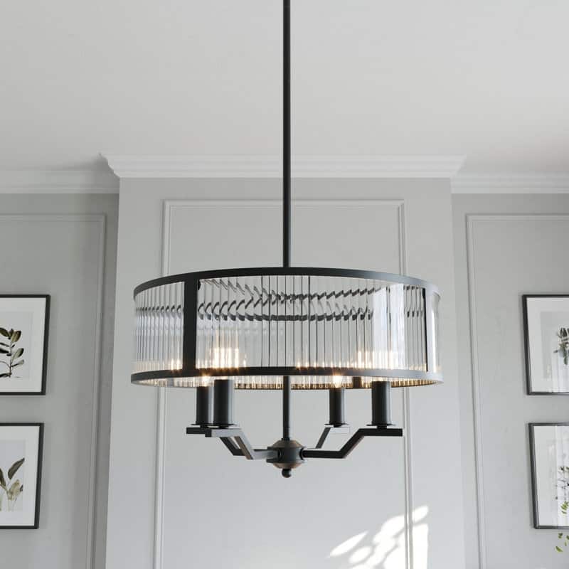 Acroma - 4 Light Steel & Glass Dimmable Drum Chandelier - N/A - Aged Zinc