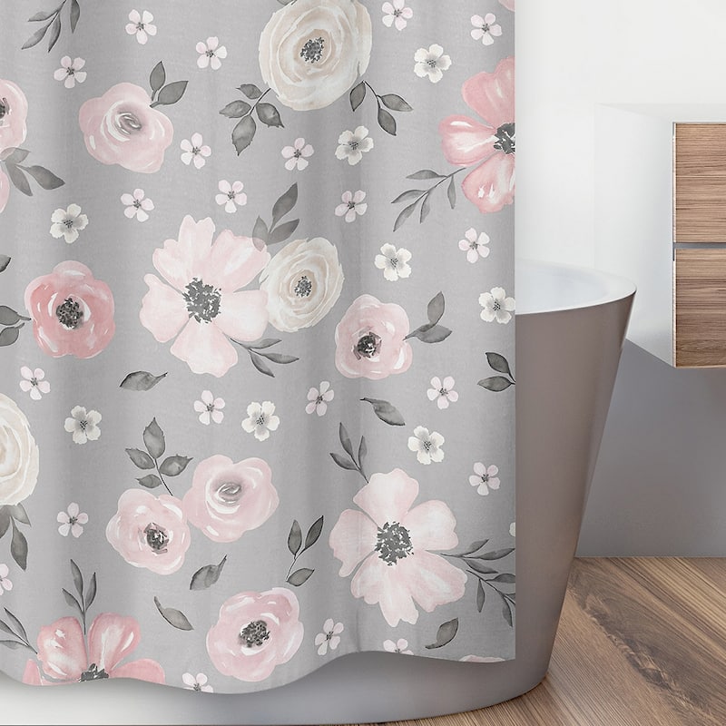 Grey Watercolor Floral Collection Bathroom Fabric Bath Shower Curtain - Blush Pink Gray White Shabby Chic Rose Flower Farmhouse