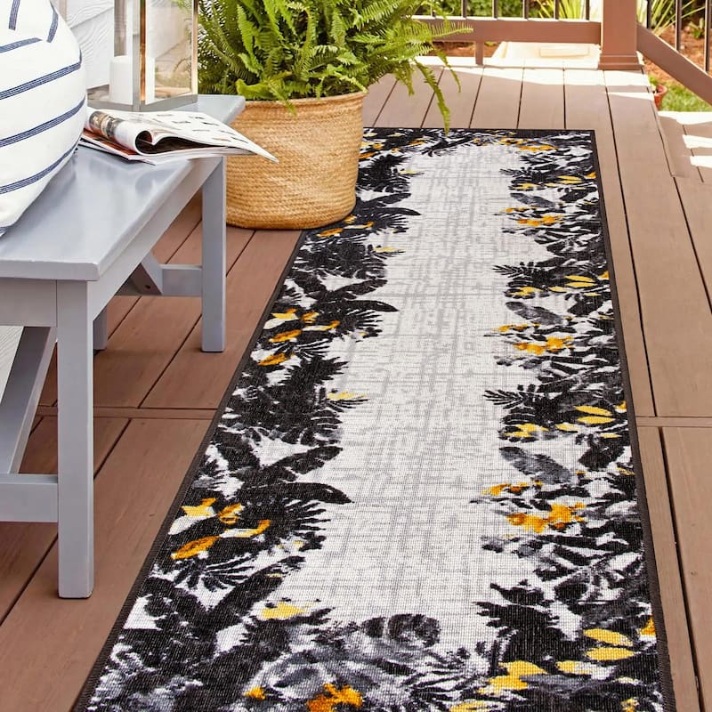 Contemporary Floral Border Indoor/Outdoor Area Rug - 2'x7' Runner - Gray