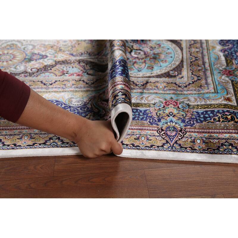 Victorian Style Qum Turkish Area Rug Beige Machine Made Carpet - 7'8" x 11'1"