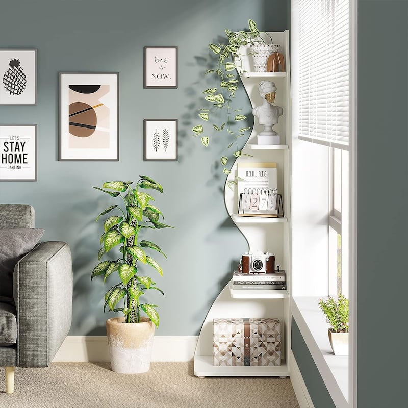 Corner Shelf Bookcase Bookshelf with Unique Shape for Living Room, Home Office