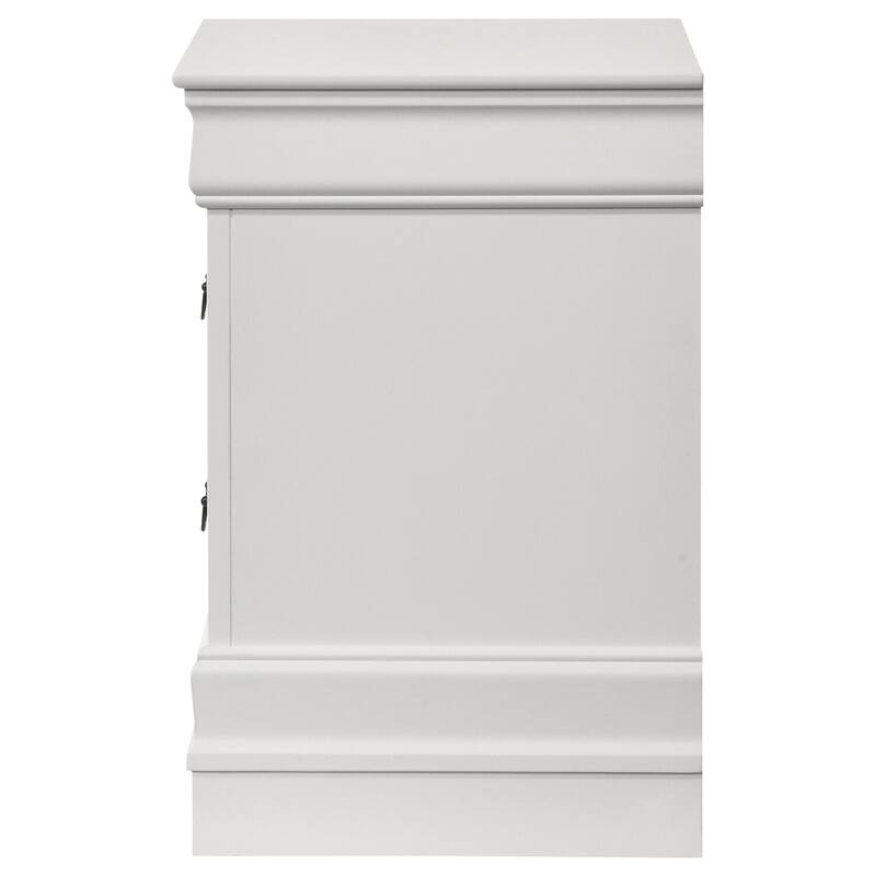 White Transitional 2-Drawer Nightstand with Molded Trim, Bracket Feet, Hanging Pulls and Smooth Glide Drawers