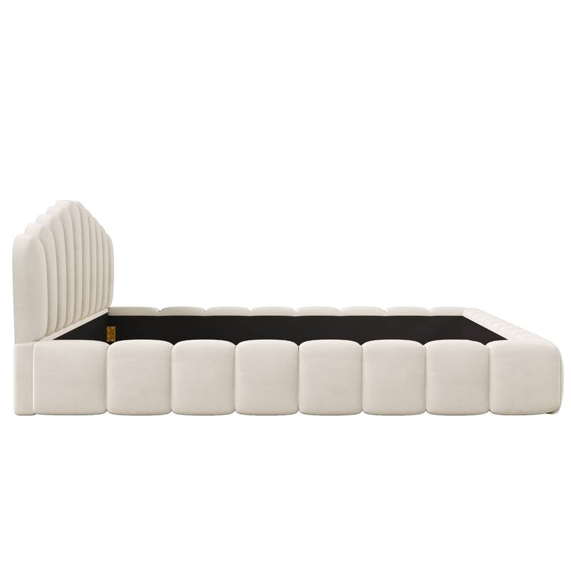 Upholstered Queen Size Platform Bed Frame with Shell-Shaped Headboard, Velvet Low Grounded Bed for Bedroom, No Box Spring Needed