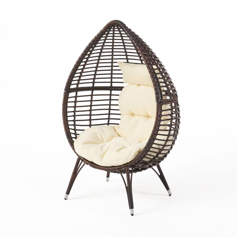 Roomfitters Outdoor Indoor Wicker Egg Chair, Teardrop Lounge Chair with Soft Cushions and Metal Legs for Patio, Brown+Beige