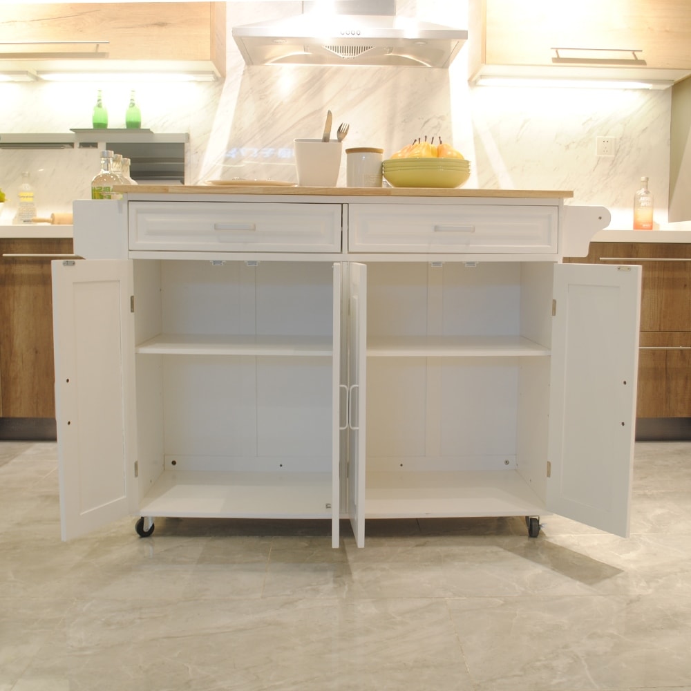 Minimalist Mobile Kitchen Island with Towel Rack & Spice Rack, White Rolling Kitchen Island with Cabinets