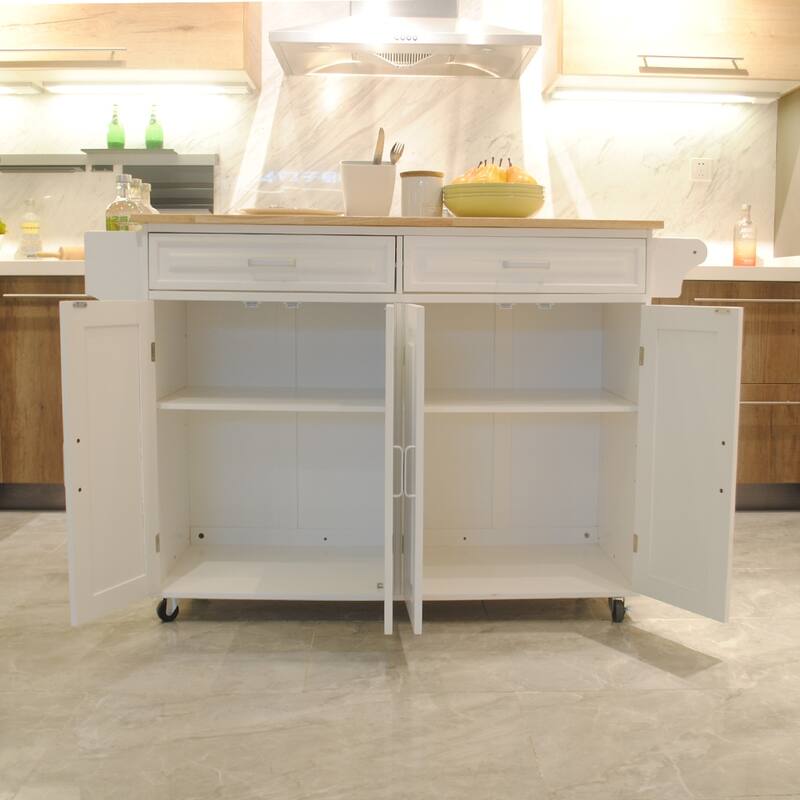 Mobile Kitchen Island with Large Storage, Rubber Wood Top, and Spice Rack