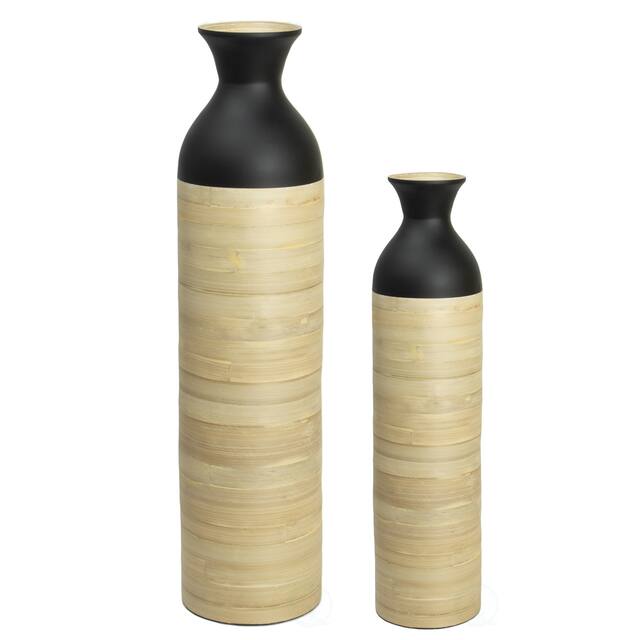 Cylindrical Tall Lacquer Bamboo Floor Vase - Set of 2 Black