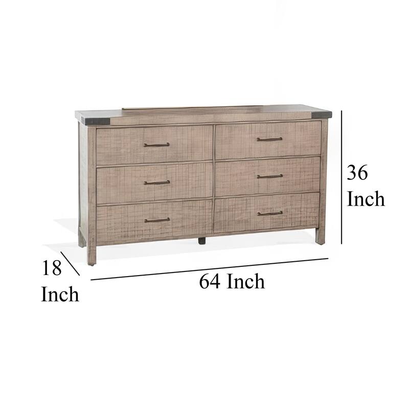 Desy Wide Dresser Chest with 6 Drawers, Light Brown Mahogany Wood