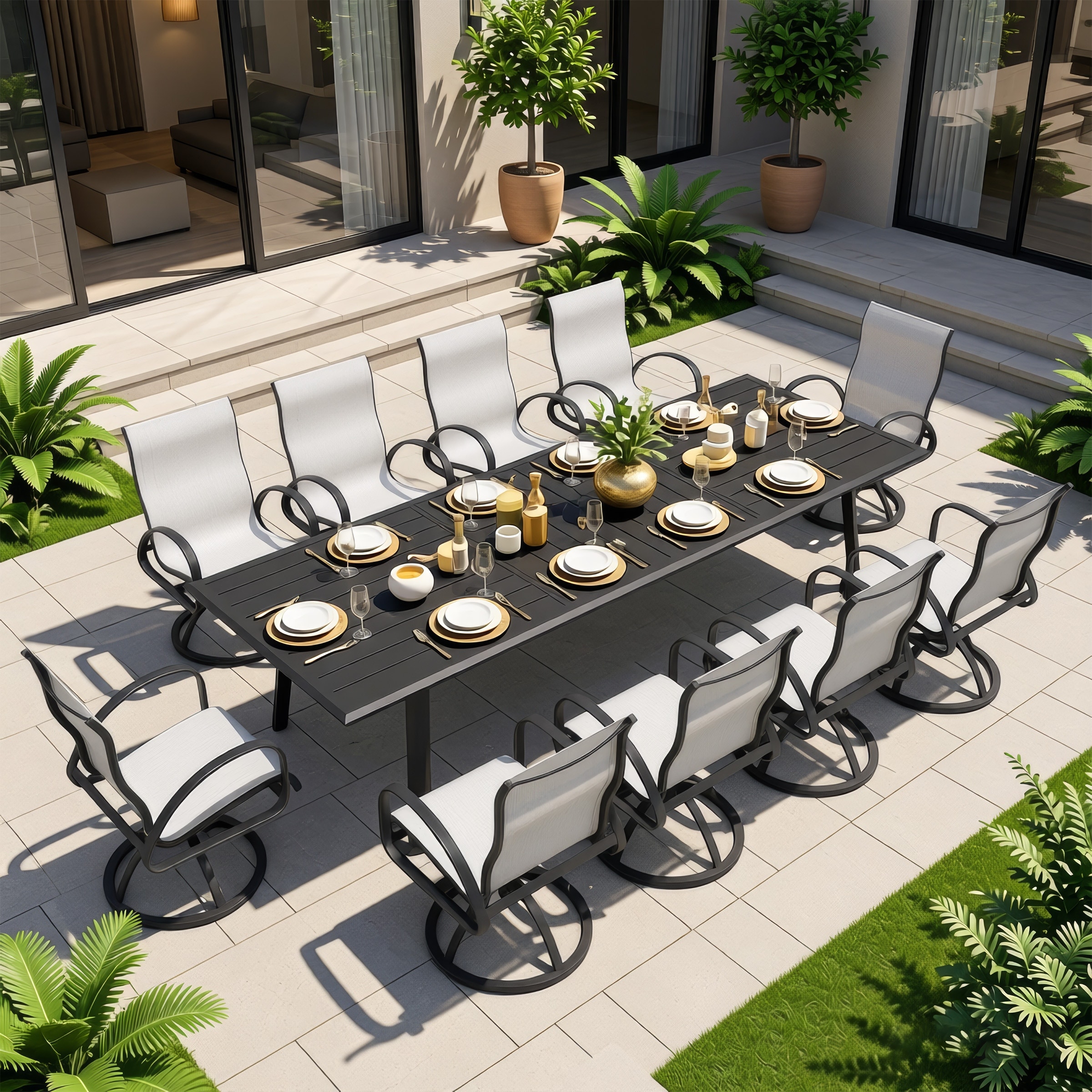 7/9/11-Piece Outdoor Patio Dining Set All-Weather Aluminum Swivel Sunbrella Dining Chairs and Dining Table with Umbrella Hole