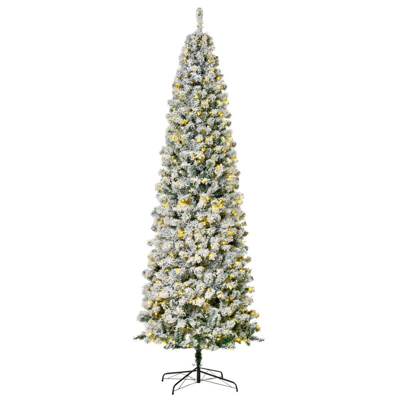 HOMCOM 6FT/7FT/9FT Slim Flocked Christmas Tree with Lights, Skinny Christmas Tree with Stand