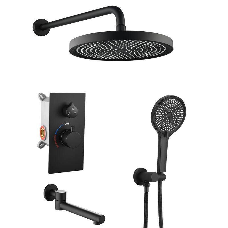 Luxury 3-Function Shower System Set - Solid Brass Control Valve, 10" Overhead Shower, 3-Spray Handheld - Matte Black