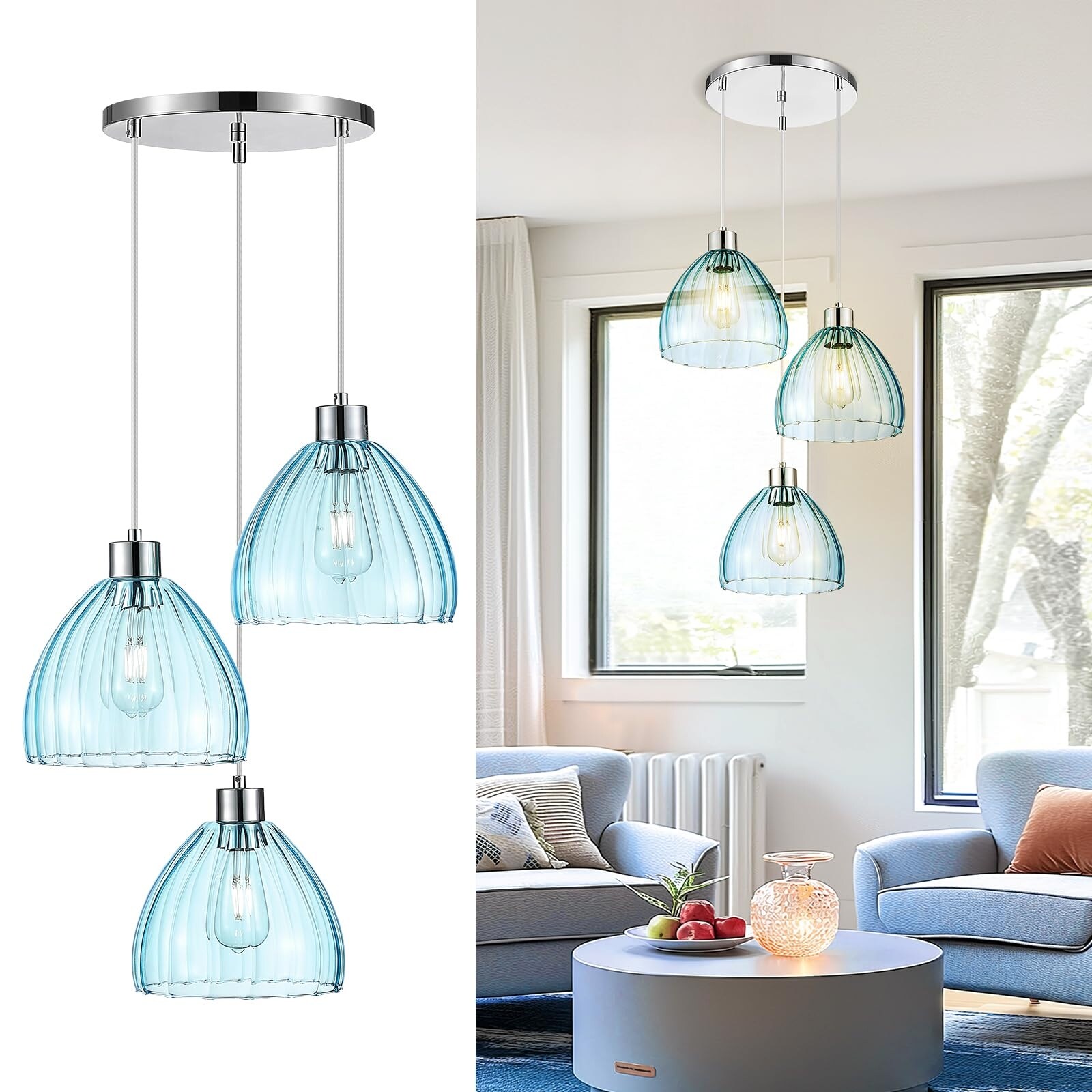 3-Light Cluster Pendant Light, Pendant Light, Blue/Clear Glass