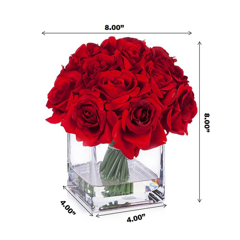 Enova Home Artificial 18 Pieces Fake Roses Silk Flowers Arrangement in Cube Glass Vase for Home Wedding Party Decoration