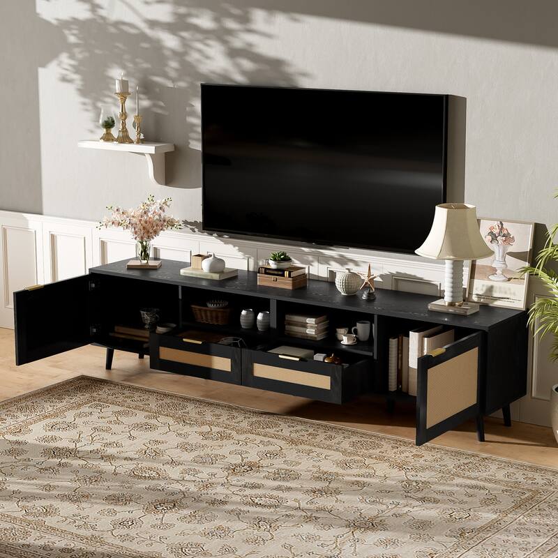 Boho Rattan TV Stand Entertainment Center for TVs up to 85", TV Cabinet Media Console Table for Living Room Home Theatre