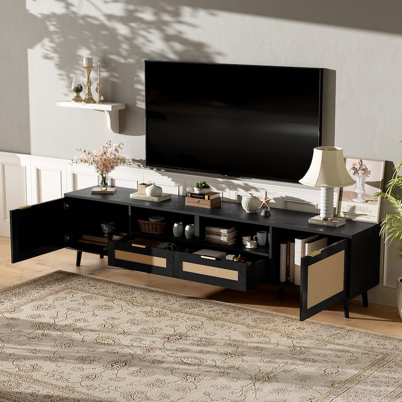 Rattan TV Stand for TVs up to 85", Modern Media Console, Entertainment Center with Solid Wood Legs