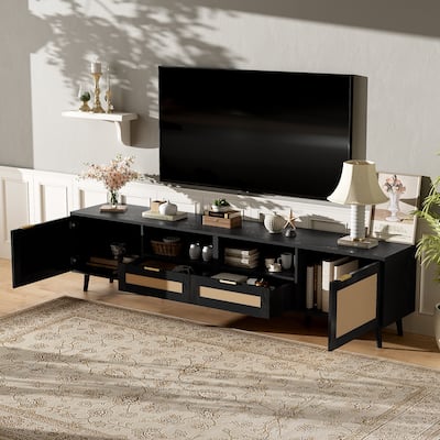 Rattan TV Stand for TVs up to 85'', Modern Farmhouse Media Console, Entertainment Center with Solid Wood Legs, TV Cabinet