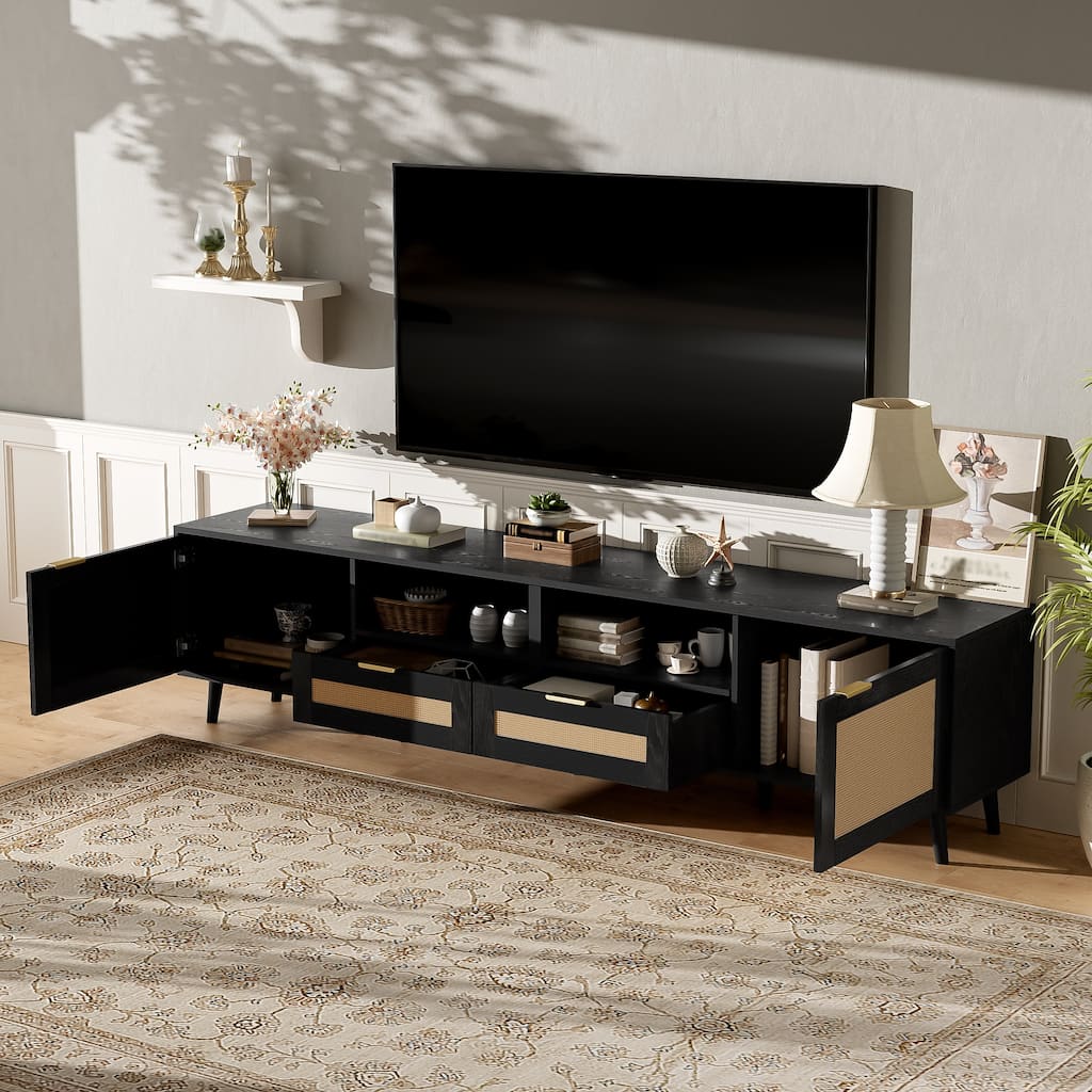 Rattan TV Stand for TVs up to 85'', Modern Farmhouse Media Console, Entertainment Center with Solid Wood Legs, TV Cabinet