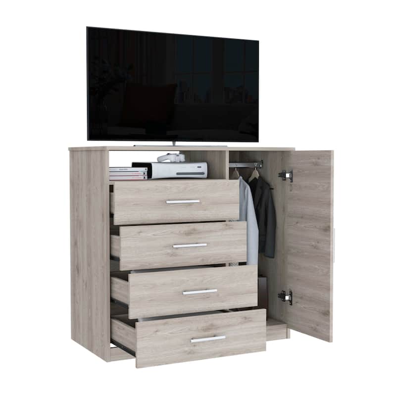 TUHOME Peru 4 Drawer Dresser with Vertical Cupboard & Open Shelf