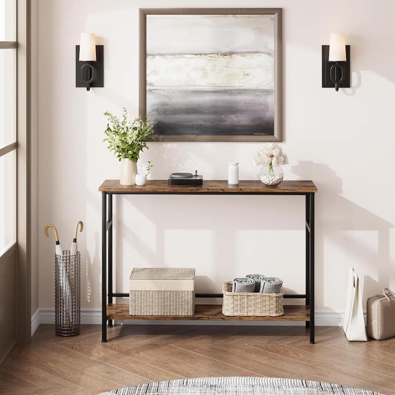 Narrow and Thin Sofa Table with Adjustable Shelves - Brown