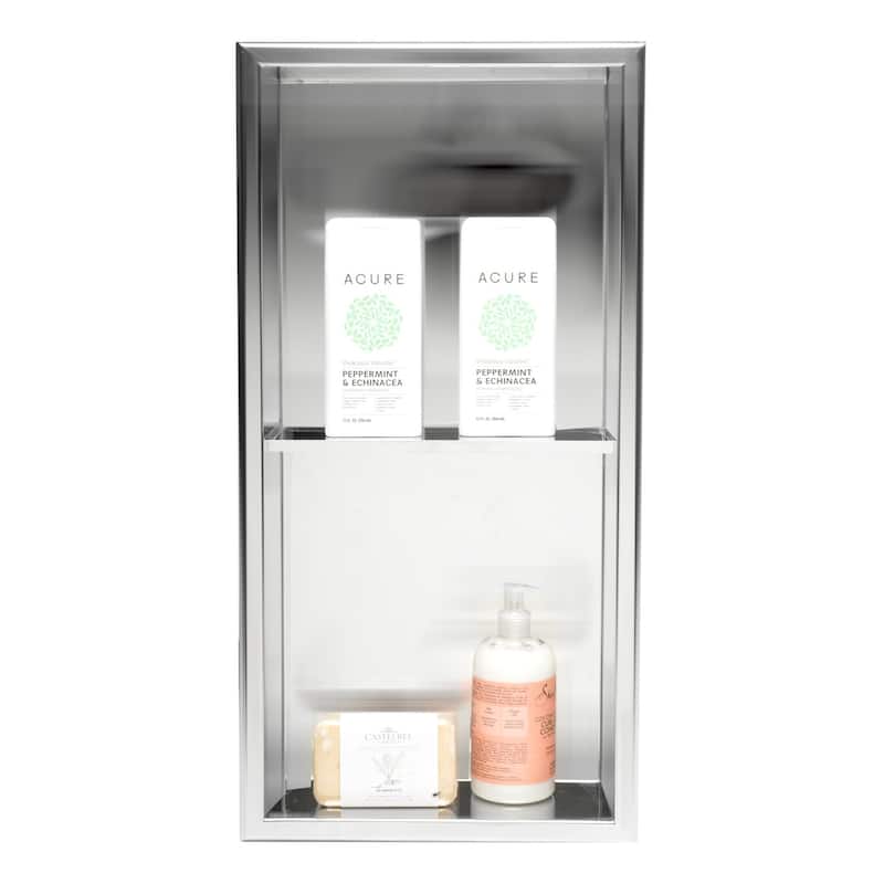 ALFI brand 12 x 24 Polished Stainless Steel Vertical Double Shelf Bath Shower Niche - Grey