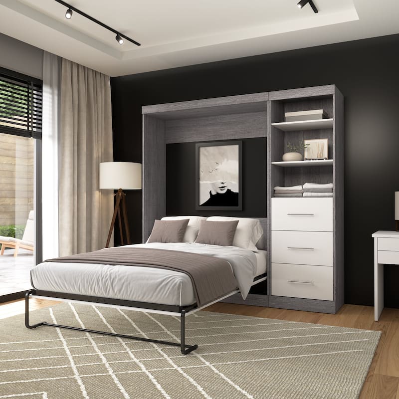 Nebula Full Murphy Bed and Closet Organizer with Drawers by Bestar - Bark Grey/White