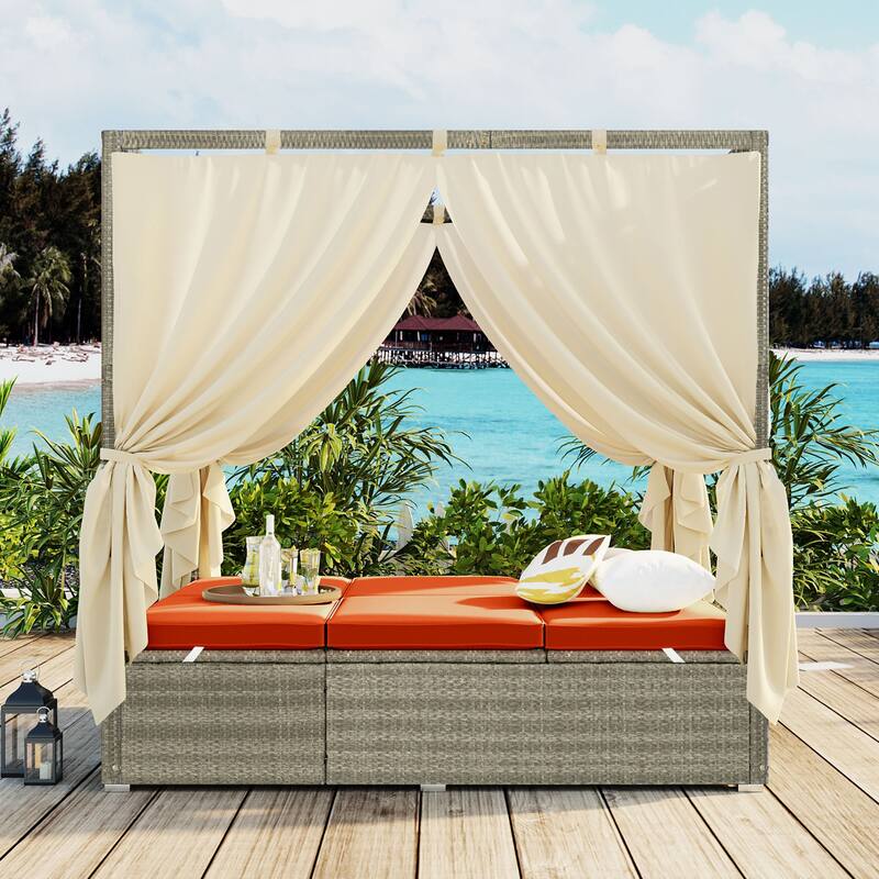 High Comfort Style Adjustable Sun Bed with Curtain for Patio, Balcony or Backyard