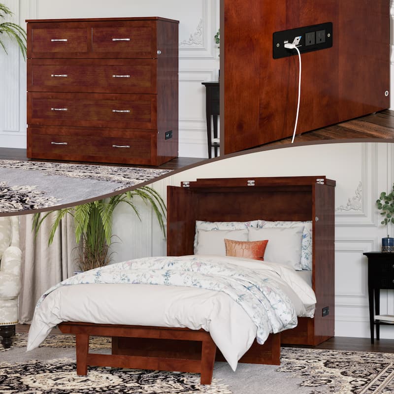 AFI Northfield Murphy Bed Chest with 6" Mattress, Storage Drawer & Built-In Charger - Walnut - Twin XL