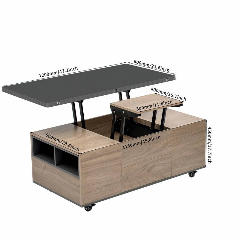 Modern Lift Top Coffee Table with Drawers & Shelves