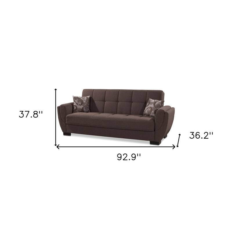 HomeRoots 93" Brown Chenille Convertible Futon Sleeper Sofa And Toss Pillows With Storage