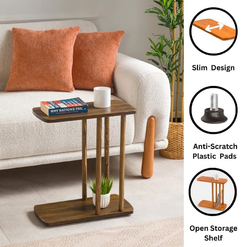 C-Shaped Solid Wood End Table - 19.3"D x 7.5"W x 21.6"H